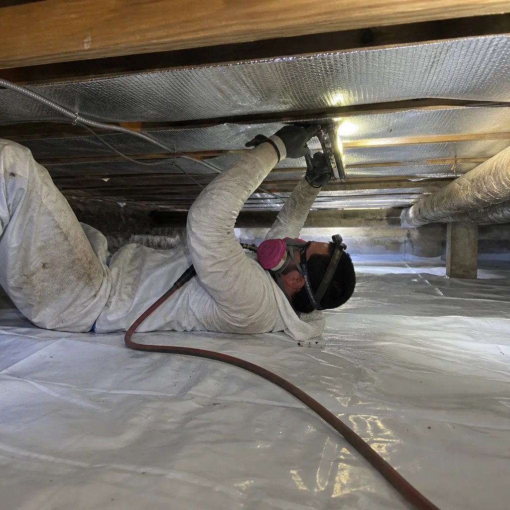 Professional technician installing crawl space encapsulation and vapor barrier insulation